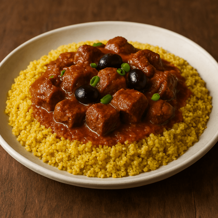 Curry de bœuf au fonio parfaitement dressé – Fonio doré en base, viande fondante en sauce, le tout relevé d’olives noires et d’oignons verts pour un plat aussi beau que savoureux.
