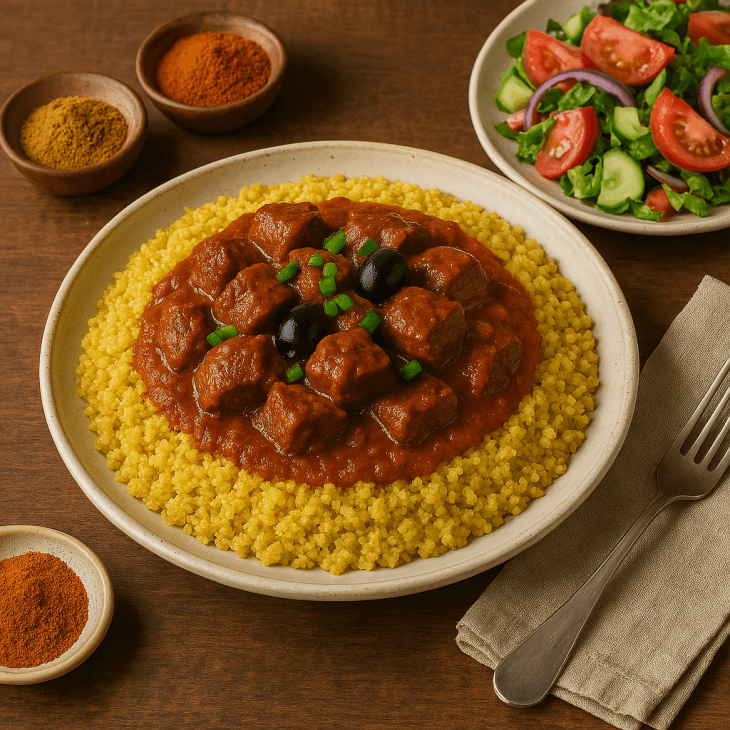 Curry de bœuf au fonio sublimé – Parfumé au curry doux, cannelle et paprika, accompagné d’une salade croquante pour un équilibre parfait en bouche.