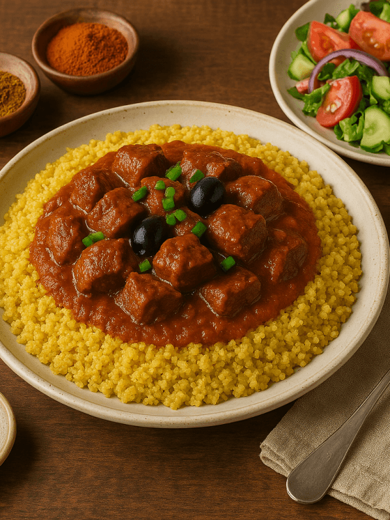 Curry de bœuf au fonio sublimé – Parfumé au curry doux, cannelle et paprika, accompagné d’une salade croquante pour un équilibre parfait en bouche.