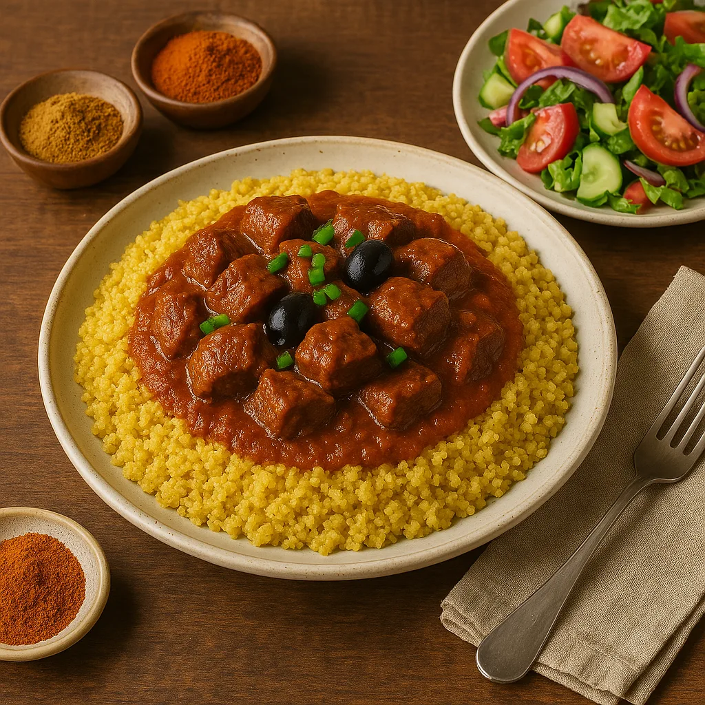 Curry de bœuf au fonio sublimé – Parfumé au curry doux, cannelle et paprika, accompagné d’une salade croquante pour un équilibre parfait en bouche.