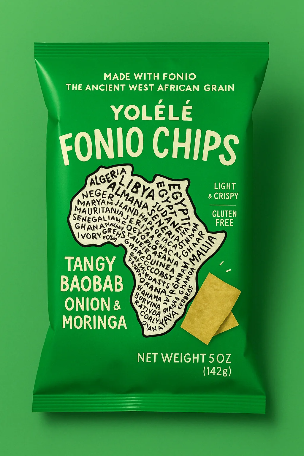Paquet de YOL&Eacute;L&Eacute; Fonio Chips Tangy Baobab (oignon & moringa)
