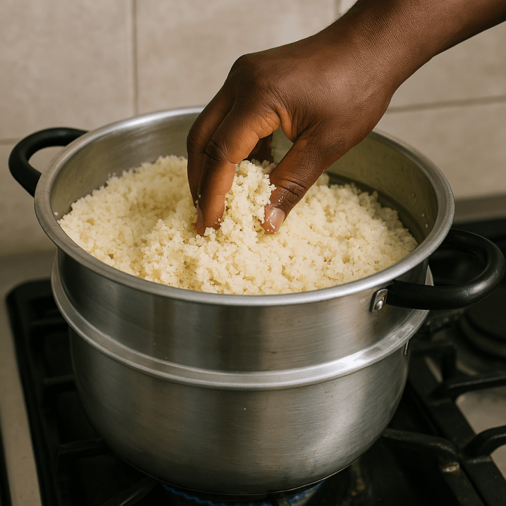 Deuxi&egrave;me cuisson vapeur du couscous malien Chola apr&egrave;s &eacute;mottage