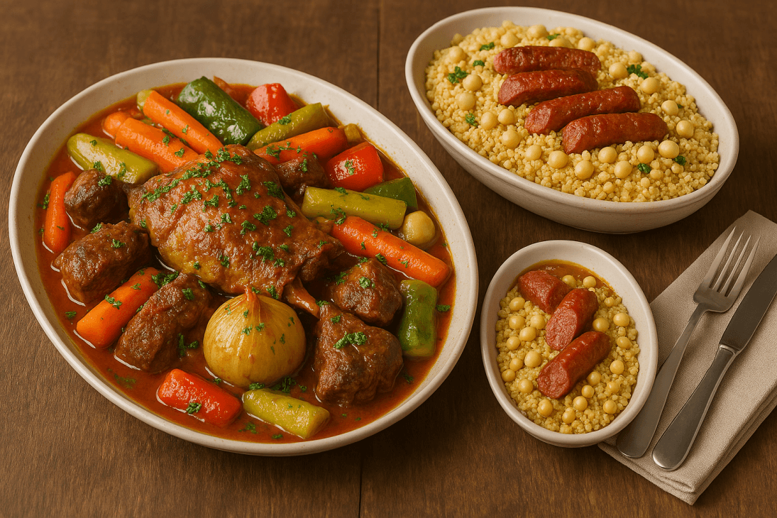Dressage final du gigot d&rsquo;agneau au fonio &ndash; Un plat g&eacute;n&eacute;reux aux accents sah&eacute;liens, magnifiquement pr&eacute;sent&eacute; pour une table de f&ecirc;te.