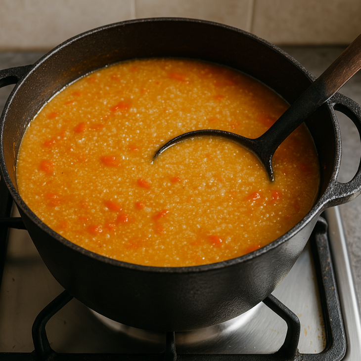 Fin de cuisson de la soupe de fonio : une texture épaisse, veloutée et savoureuse, prête à être servie bien chaude.