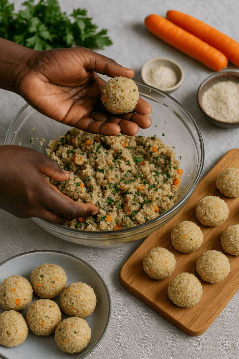 Formation des boulettes de fonio – La main façonne délicatement la préparation, prête à être roulée en bouchées dorées et croustillantes.