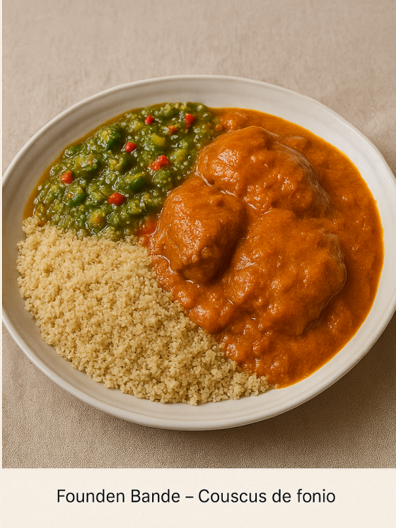 Founden Bande – Plat traditionnel guinéen à base de fonio, accompagné de sauce d’arachide onctueuse et de sauce gombo parfumée. Une explosion de saveurs authentiques d’Afrique de l’Ouest.