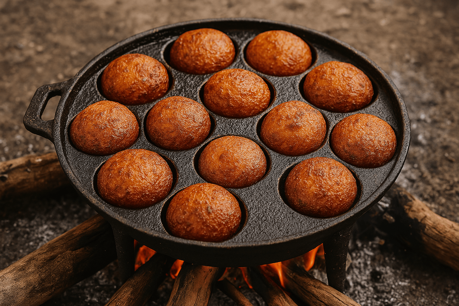 Friture traditionnelle des beignets de fonio 'Fini N'gomi' dans un moule à alvéoles posé sur un foyer – une gourmandise dorée, croustillante à l’extérieur et moelleuse à l’intérieur.