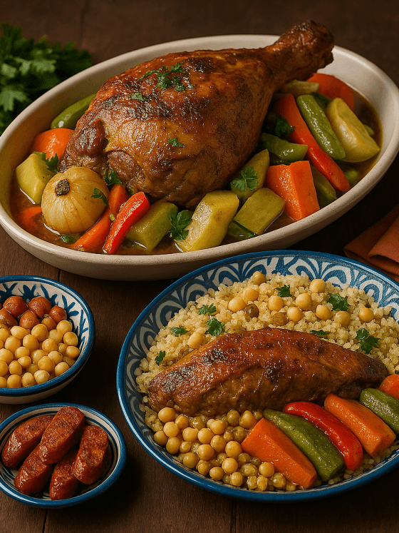 Gigot d’agneau au fonio – Un plat de fête généreux et raffiné, accompagné de légumes colorés, fonio aux pois chiches et merguez grillées.