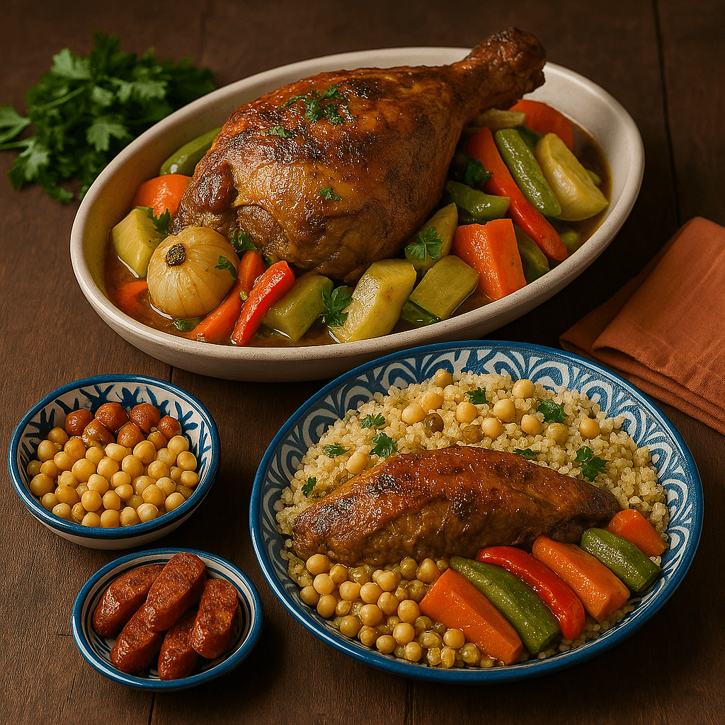 Gigot d’agneau au fonio – Un plat de fête généreux et raffiné, accompagné de légumes colorés, fonio aux pois chiches et merguez grillées.