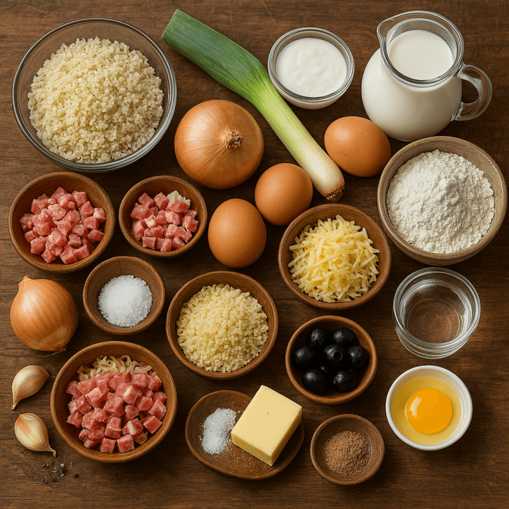 Ingrédients de la quiche au fonio – Tous les éléments essentiels sont réunis : fonio, poireau, œufs, crème, olives, lardons, fromage et pâte brisée maison.