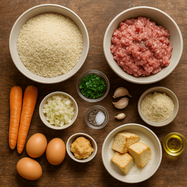 Ingrédients des boulettes de fonio – Fonio cuit, viande hachée, œufs, légumes, mie de pain et herbes pour des bouchées dorées pleines de goût.