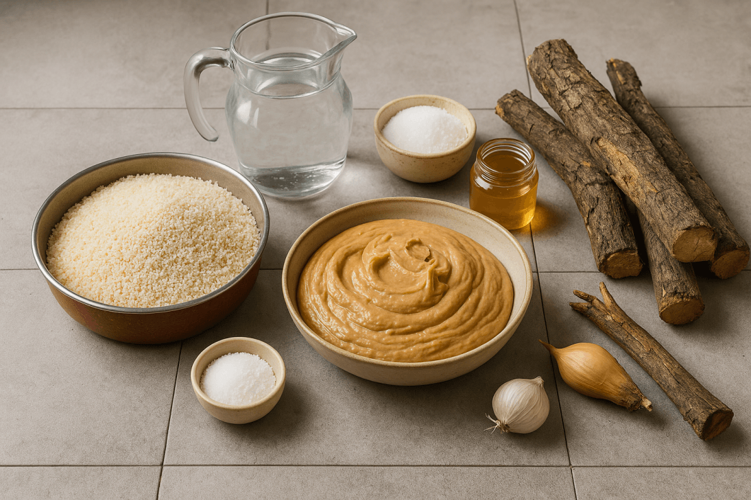 Ingrédients du Kagna traditionnel – Fonio précuit, pâte d’arachide, eau, sucre ou miel, prêts à être cuits sur feu de bois pour une douceur authentique d’Afrique de l’Ouest.