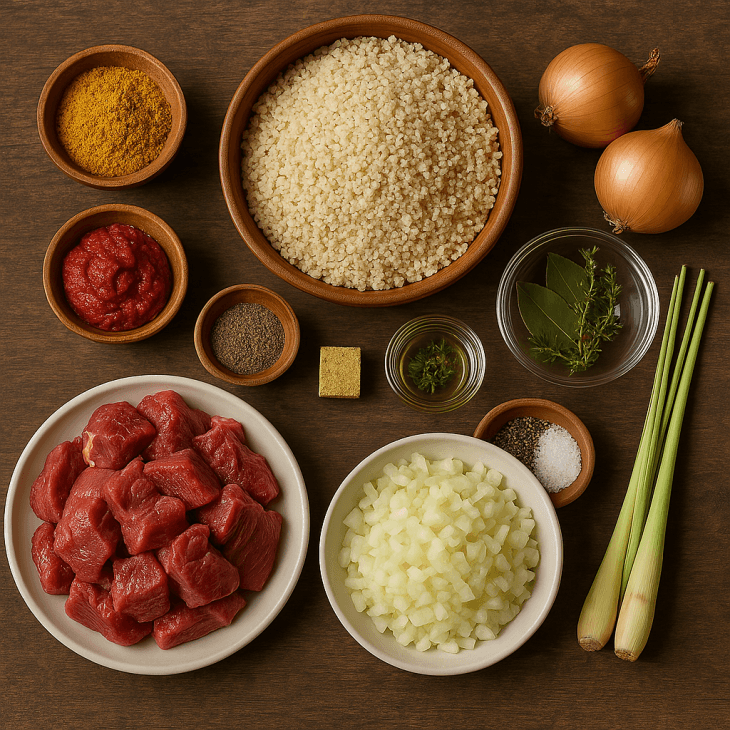 Ingrédients du curry de bœuf au fonio – Viande, fonio, curry, oignons et aromates réunis pour un plat aux inspirations africaines et orientales.
