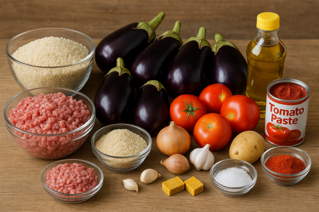 Ingrédients du farci de fonio aux aubergines – Tous les éléments réunis : fonio précuit, viande hachée, aubergines, tomates, oignons, épices et huile d’arachide pour un plat complet et savoureux.