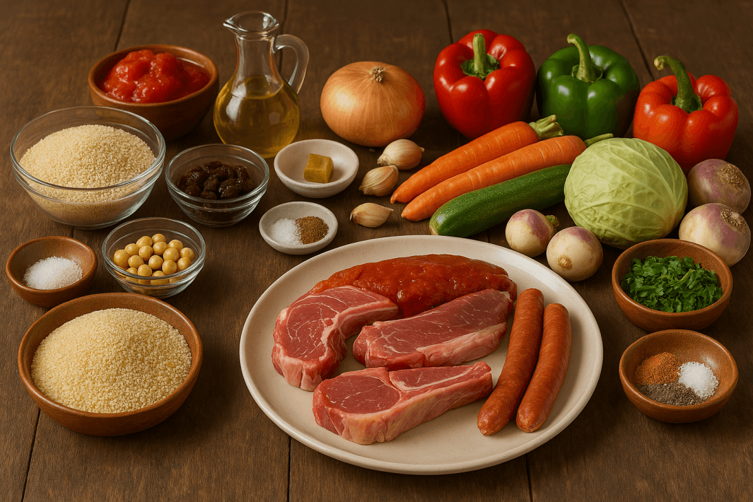 Ingr&eacute;dients du gigot d&rsquo;agneau au fonio &ndash; Viande, l&eacute;gumes frais, fonio, &eacute;pices et pois chiches r&eacute;unis pour une recette festive et savoureuse.