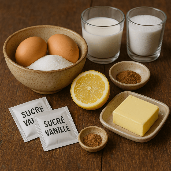 Ingrédients du pudding de fonio – Fonio, œufs, lait, sucre, vanille, muscade, beurre et citron pour une recette douce et parfumée.