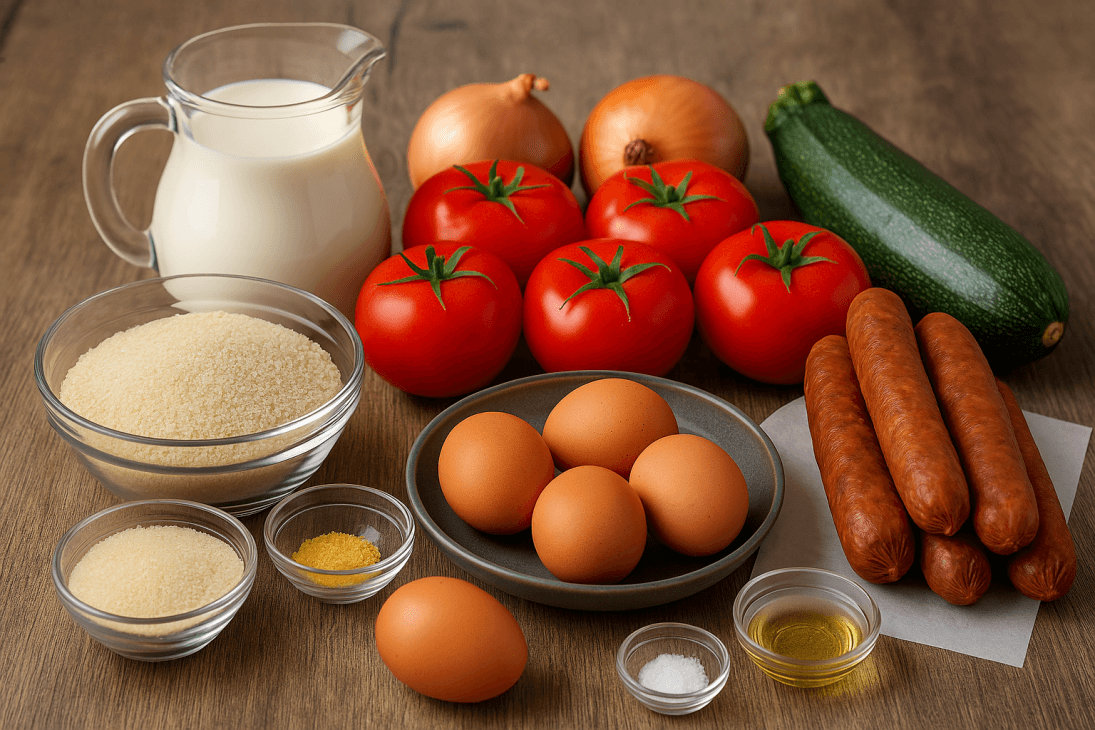 Ingrédients essentiels pour les boulettes de fonio à la sauce tomate – Fonio, œufs, lait, courgette, tomates, oignons, saucisses fumées et huile, prêts à révéler toutes leurs saveurs.