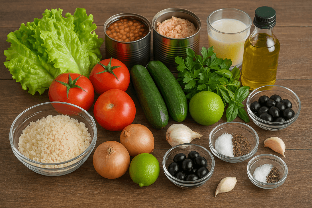 Ingr&eacute;dients frais pour salade de fonio v&eacute;g&eacute;tarienne &ndash; Une belle harmonie de l&eacute;gumes, fonio, herbes et thon, pr&ecirc;ts &agrave; composer un plat color&eacute; et &eacute;quilibr&eacute;.