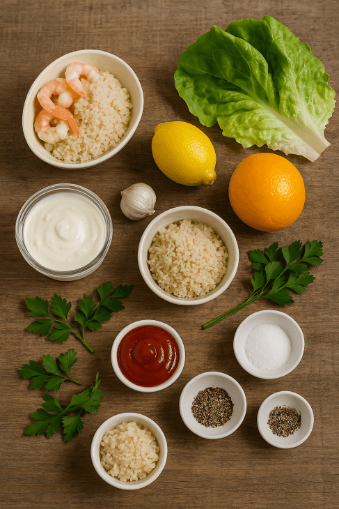 Ingrédients pour le cocktail de crevettes sur nid de fonio – Crevettes, fonio, agrumes, laitue et crème fraîche réunis pour une entrée fraîche et raffinée.