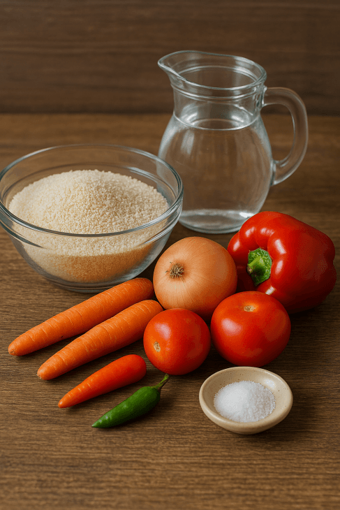 Ingr&eacute;dients pour le fitini boulama : fonio blanchi, eau, l&eacute;gumes frais (carottes, tomate, oignon, poivron, piment) et huile d'arachide
