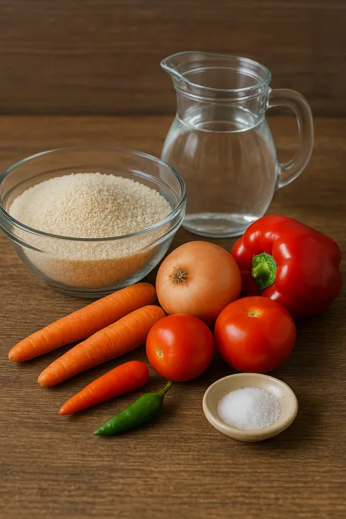 Ingrédients pour le fitini boulama : fonio blanchi, eau, légumes frais (carottes, tomate, oignon, poivron, piment) et huile d'arachide