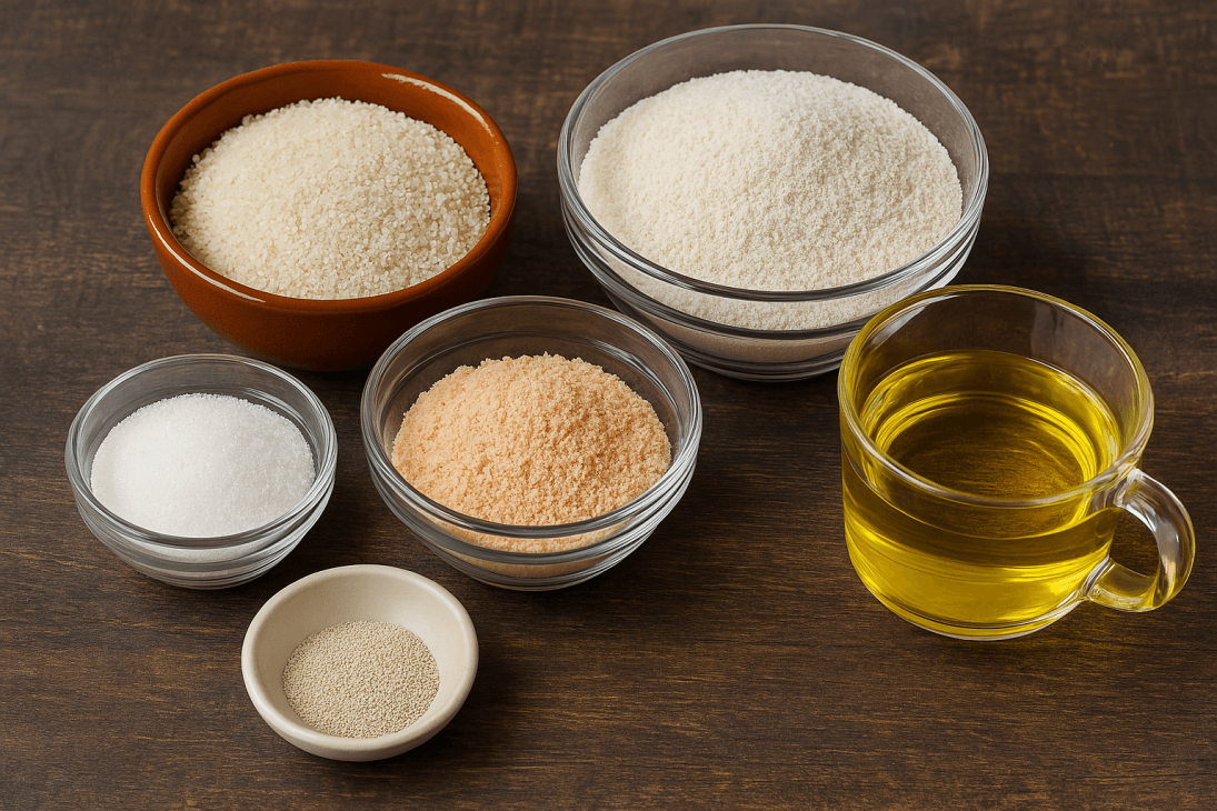Ingr&eacute;dients pour les beignets de fonio africains Fini N'gomi : fonio blanchi, farine de fonio, farine de patate douce, sucre, huile et levure boulang&egrave;re