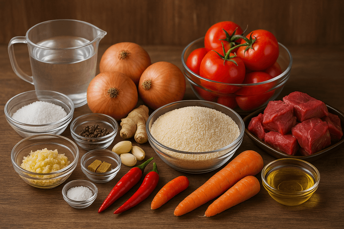 Ingr&eacute;dients pour pr&eacute;parer le Founden Bande : fonio, arachides, l&eacute;gumes frais, &eacute;pices, viande ou poisson, pour une recette guin&eacute;enne riche et authentique.