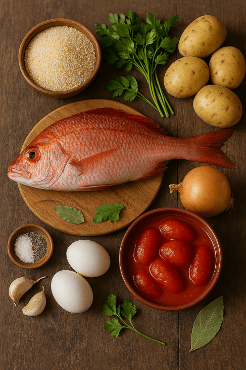 Ingr&eacute;dients pour rouget farci au fonio &ndash; Poisson entier, fonio, herbes fra&icirc;ches, &oelig;ufs, tomates et aromates pour une recette savoureuse et color&eacute;e
