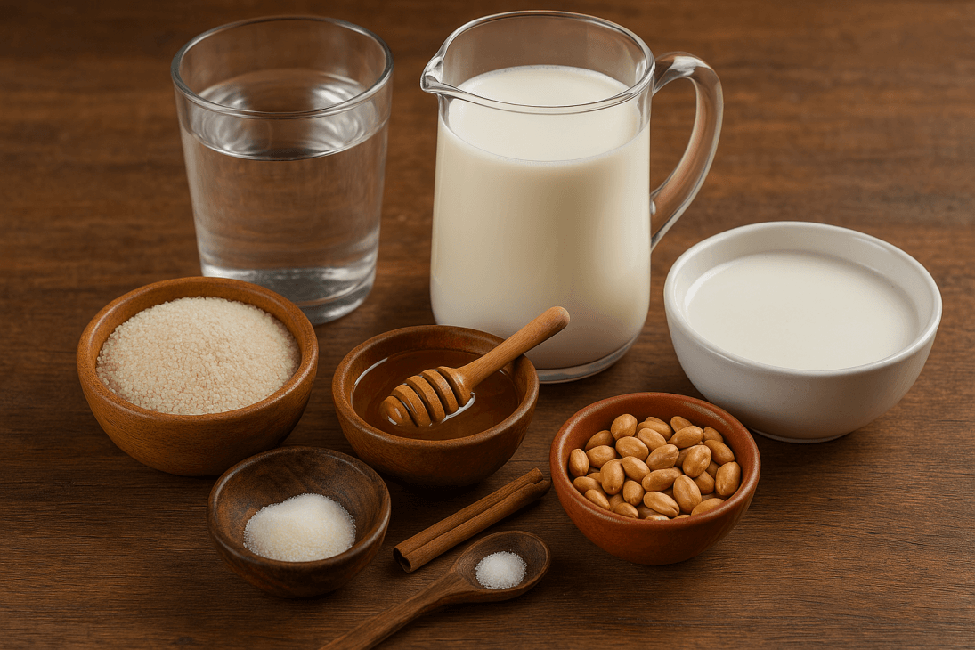 Ingrédients pour une bouillie de fonio gourmande : fonio blanchi, eau, lait, miel, épices douces et fruits secs – une palette de saveurs pour un petit-déjeuner nourrissant.