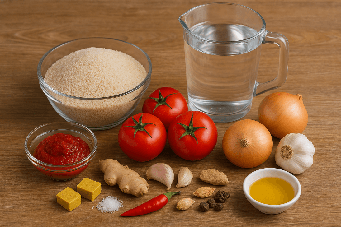 Ingrédients pour une soupe de fonio maison : fonio blanchi, tomates fraîches, oignons, ail, piment, huile d’arachide, cubes d’arôme et condiments pour un bouillon savoureux.