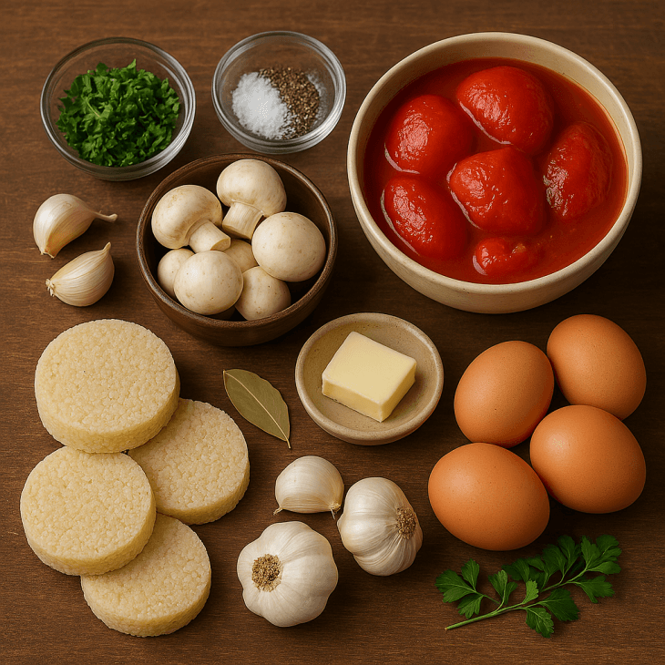 Ingrédients prêts pour les boulettes de fonio à la sauce des bois – Tous les essentiels réunis : fonio, champignons, œufs, tomates, ail, beurre et herbes fraîches.