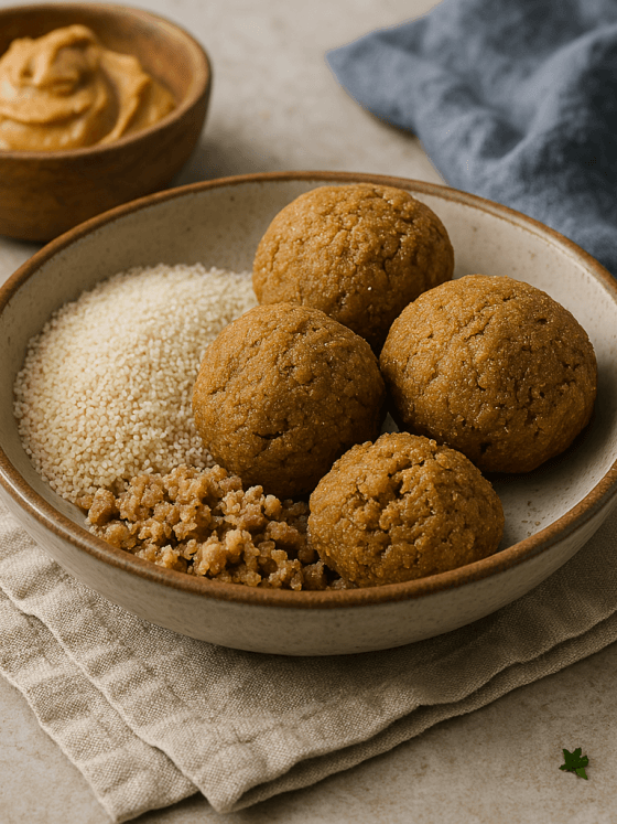 Kagna – Boules dorées de fonio fermenté, grillé et mélangé à la pâte d’arachide, prêtes à être dégustées telles quelles ou avec du lait pour une collation traditionnelle.