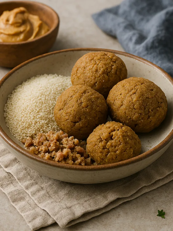 Kagna – Boules dorées de fonio fermenté, grillé et mélangé à la pâte d’arachide, prêtes à être dégustées telles quelles ou avec du lait pour une collation traditionnelle.