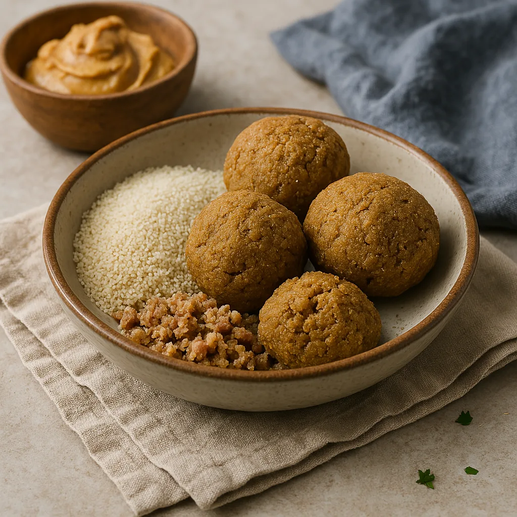 Kagna – Boules dorées de fonio fermenté, grillé et mélangé à la pâte d’arachide, prêtes à être dégustées telles quelles ou avec du lait pour une collation traditionnelle.