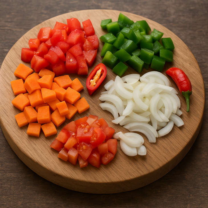 L&eacute;gumes d&eacute;coup&eacute;s pr&ecirc;ts pour le fitini boulama : carottes, poivrons, tomates, oignons et piment pr&eacute;par&eacute;s sur une planche