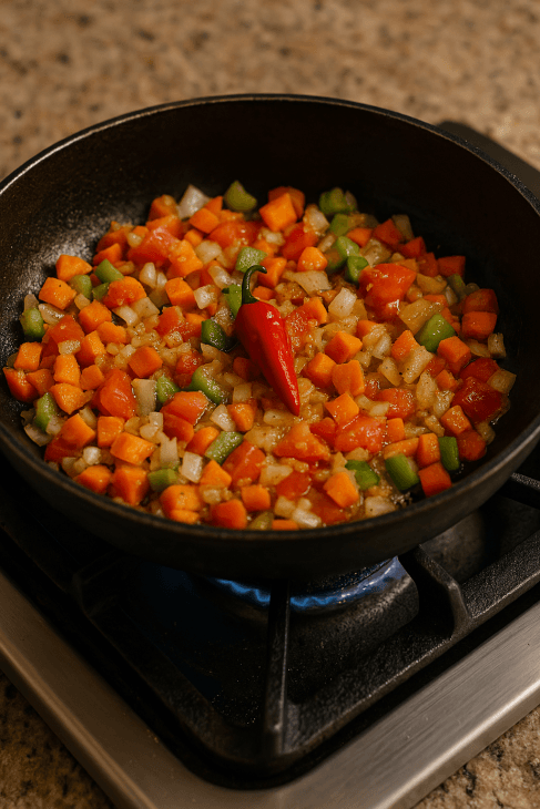 L&eacute;gumes saut&eacute;s &agrave; feu moyen pour le fitini boulama : caram&eacute;lisation lente dans l'huile qui r&eacute;v&egrave;le toutes les saveurs