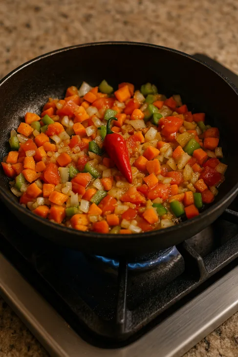 L&eacute;gumes saut&eacute;s &agrave; feu moyen pour le fitini boulama : caram&eacute;lisation lente dans l'huile qui r&eacute;v&egrave;le toutes les saveurs