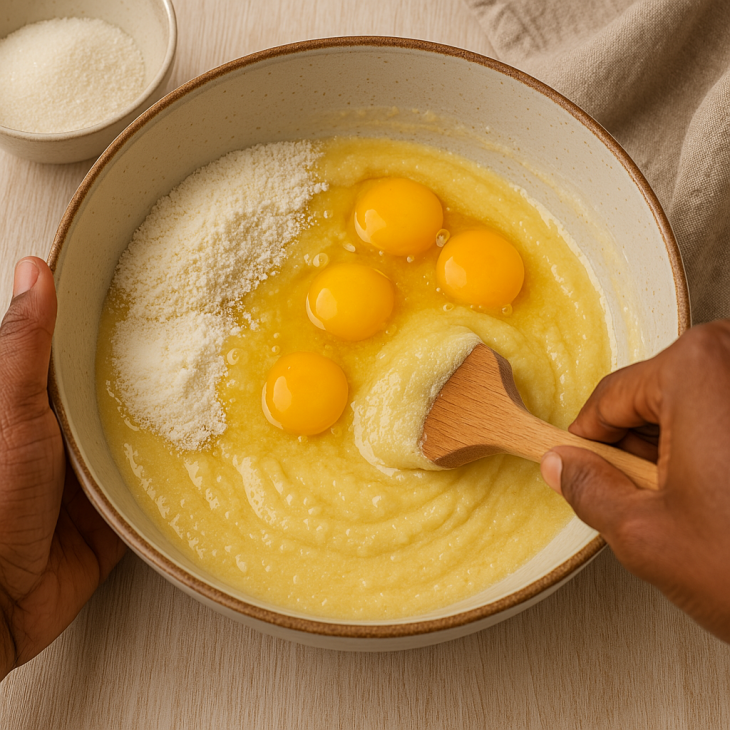 Mélange de la pâte pour obtenir une texture lisse et homogène, étape clé avant le repos de la pâte des gâteaux de fonio