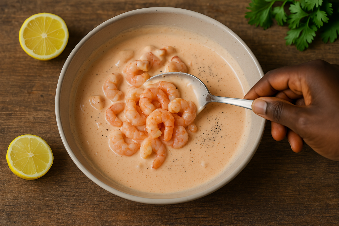 Mélange des crevettes à la sauce cocktail – Crème, ketchup, citron et épices enrobent les crevettes pour une entrée onctueuse et rafraîchissante.