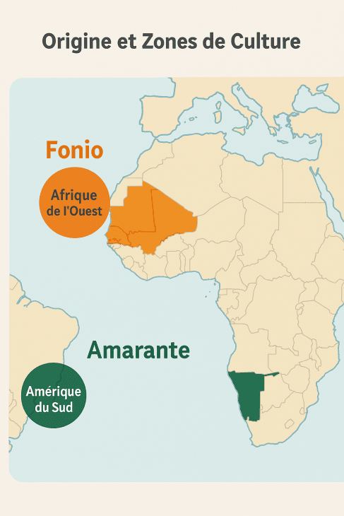 Origines et zones de production du fonio et l'amarante.