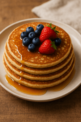 Pancakes moelleux &agrave; la farine de fonio &mdash; sans gluten, garnis de fruits frais.