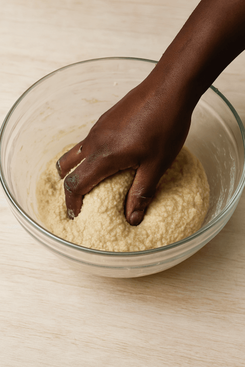 P&eacute;trissage de la p&acirc;te &agrave; beignets de fonio croustillants
