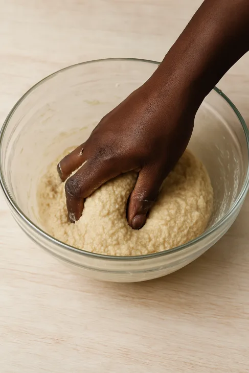 P&eacute;trissage de la p&acirc;te &agrave; beignets de fonio croustillants
