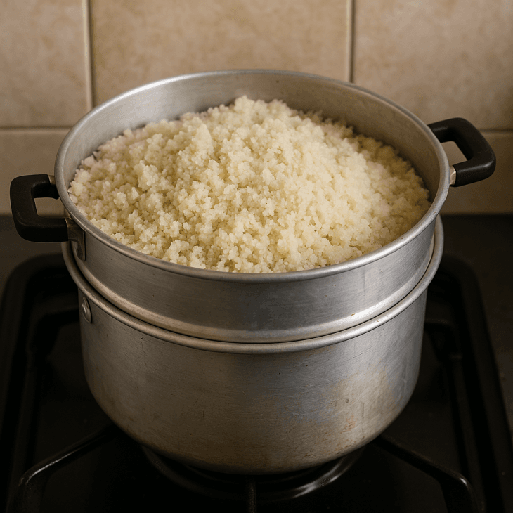 Premi&egrave;re cuisson vapeur du fonio : les grains gonflent d&eacute;licatement avant d'&ecirc;tre &eacute;mott&eacute;s pour une deuxi&egrave;me cuisson