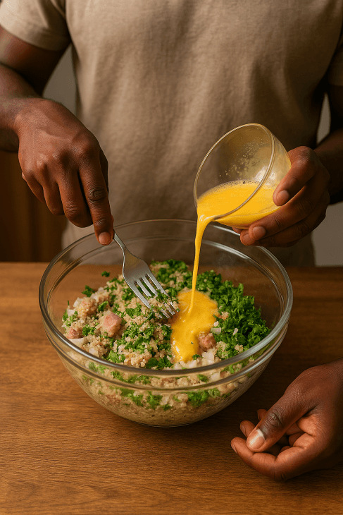 Pr&eacute;paration de la farce au fonio &ndash; Un m&eacute;lange parfum&eacute; d&rsquo;herbes, d&rsquo;&oelig;ufs, de pain tremp&eacute; et d&rsquo;aromates, r&eacute;alis&eacute; avec soin pour sublimer le poisson