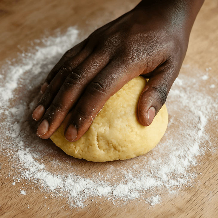 Préparation de la pâte brisée maison – Farine, beurre et œuf sont sablés à la main pour former une pâte homogène avant repos.