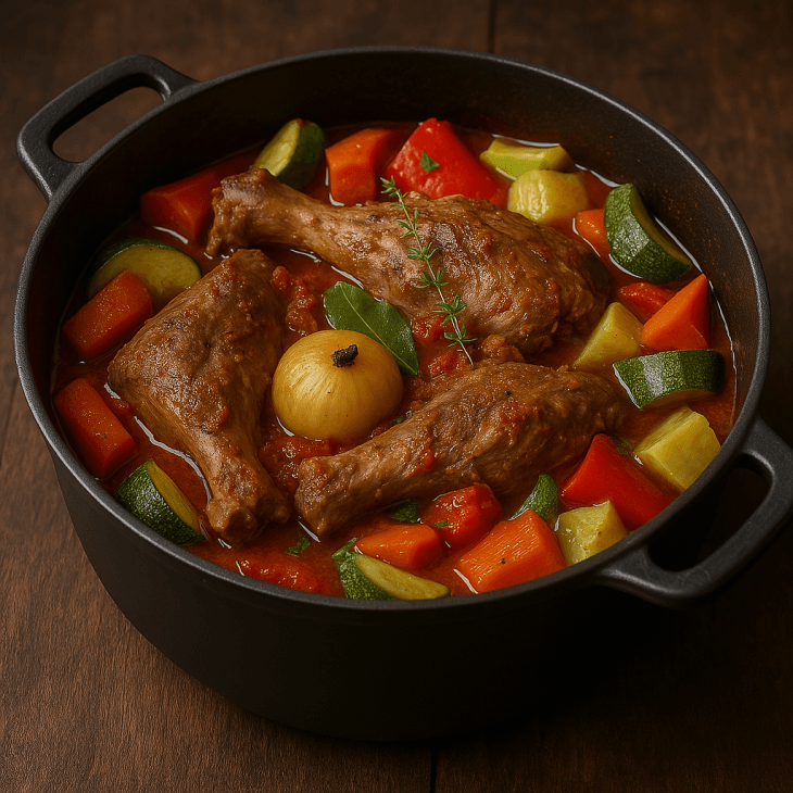 Pr&eacute;paration de la sauce du gigot &ndash; L&rsquo;agneau dor&eacute; mijote dans une sauce tomate aux &eacute;pices, laurier, thym et oignon piqu&eacute;, pour un fondant irr&eacute;sistible.
