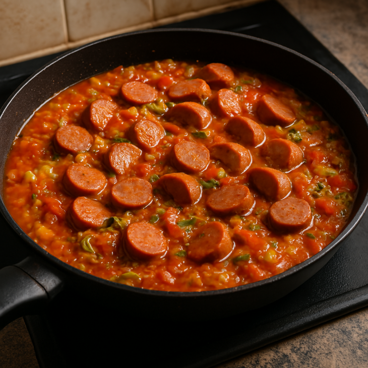 Préparation de la sauce tomate aux saucisses – Tomates, oignons, courgette et saucisses fumées mijotent lentement pour accompagner les boulettes de fonio avec gourmandise.