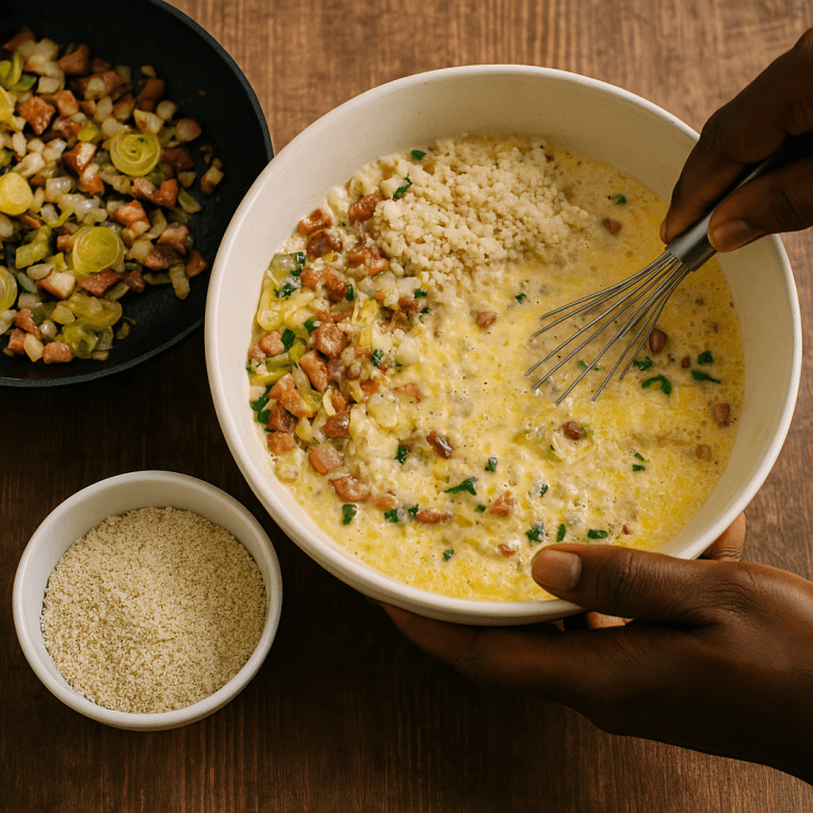 Préparation de l’appareil à quiche au fonio – Un mélange crémeux et parfumé de légumes sautés, fonio et fromage, prêt à être versé sur la pâte.