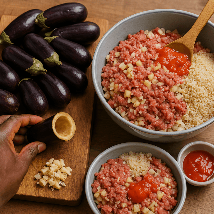 Préparation des aubergines farcies au fonio – Aubergines évidées prêtes à être garnies d’un mélange savoureux de fonio, viande hachée, oignons et purée de tomate.